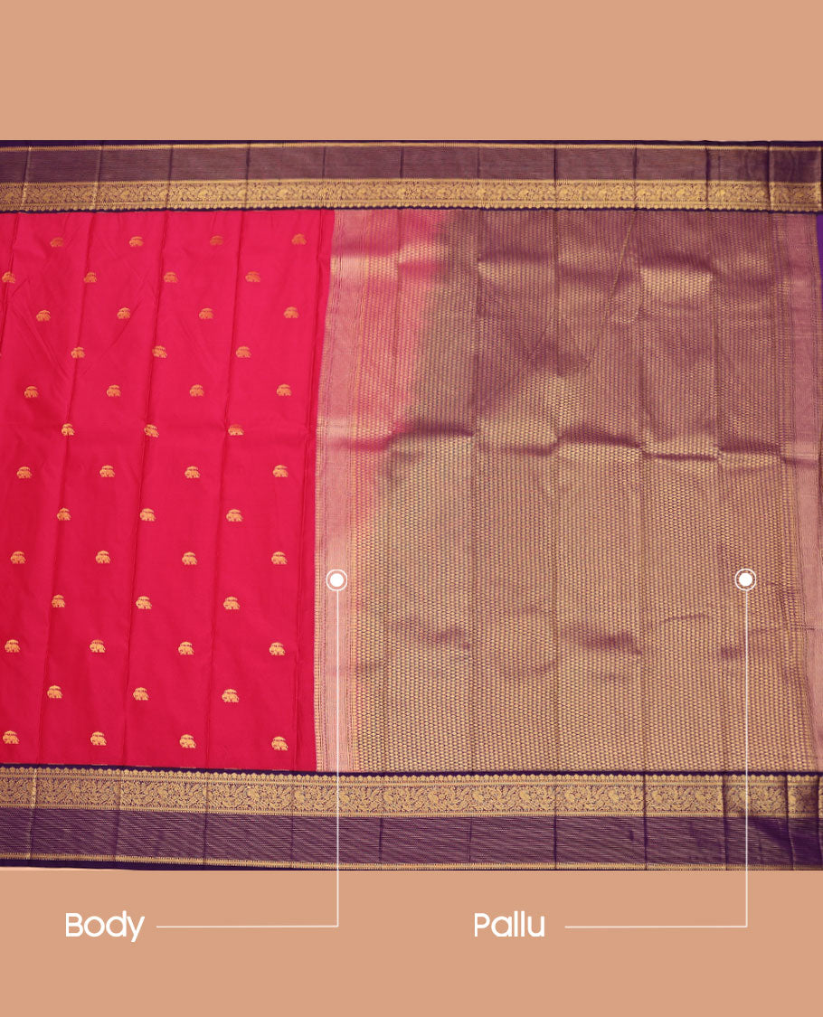 Pink Budget Silk Saree, Bedecked with Elephant Buttas All Over Its Body, Complemented by a Contrast Traditional Zari Border of Peacock Designs, Pallu of Jaal Designs, and Paired with a Contrast Blouse