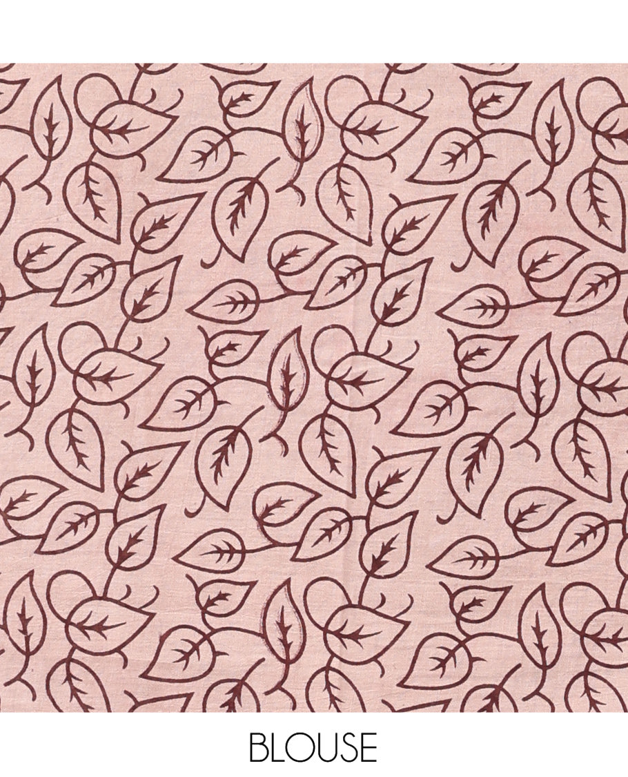 Brown Kalamkari Cotton Saree, Accentuated with Ancient Human Motif Print, Complemented By Printed Border, Kalamkari Peacock Motifs Pallu, and a Contrast Blouse