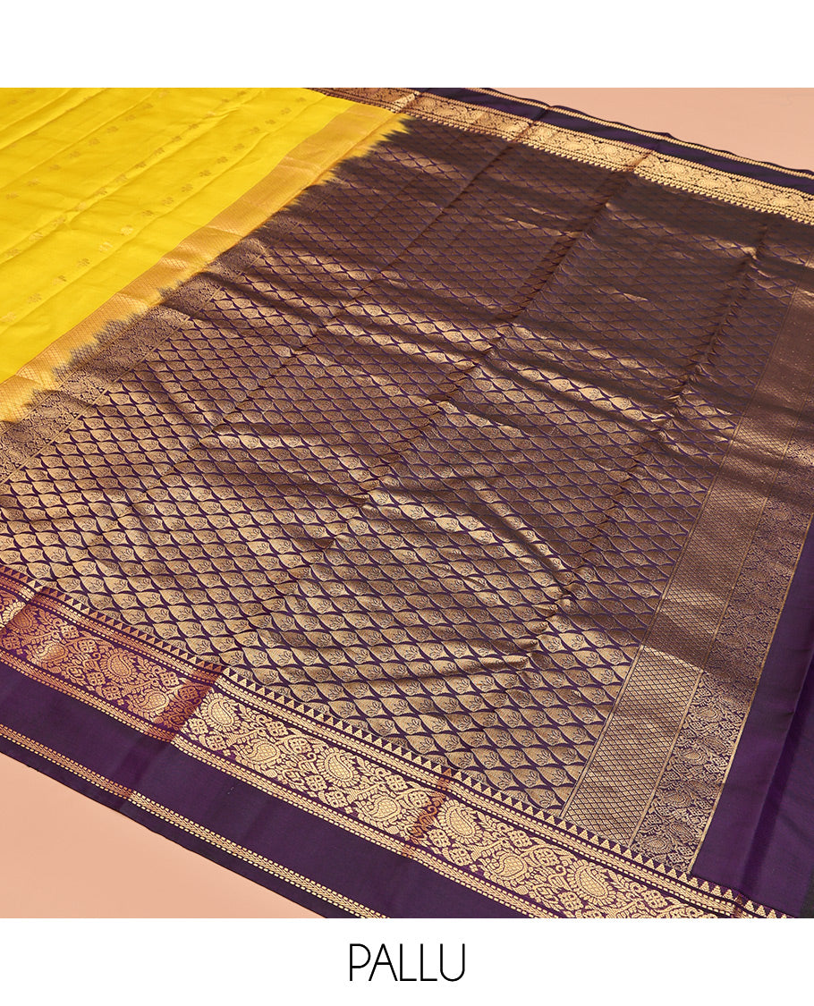 Yellow Vasundhara Silk Saree, Sparsely Woven with Zari Buttas, Contrast Rettai Pettu Border of Rekku, Muthu, Kathir, and Kodi Manga Designs, Intricate Pallu, and Contrast Blouse