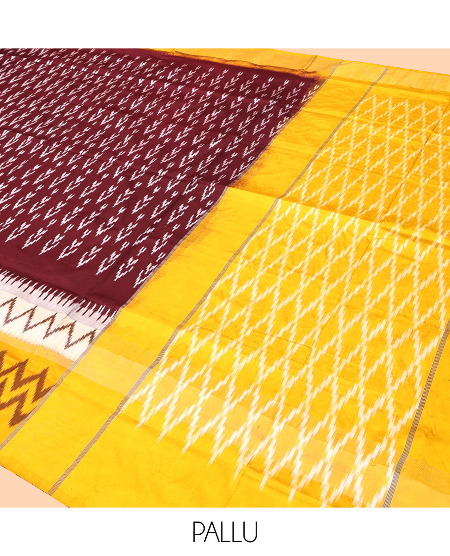 Maroon Pochampally Ikat Silk Saree, Delicately Woven with Buttas, Complemented by a Contrast Border, Ikat-Style Jaal Pallu, and Contrast Blouse