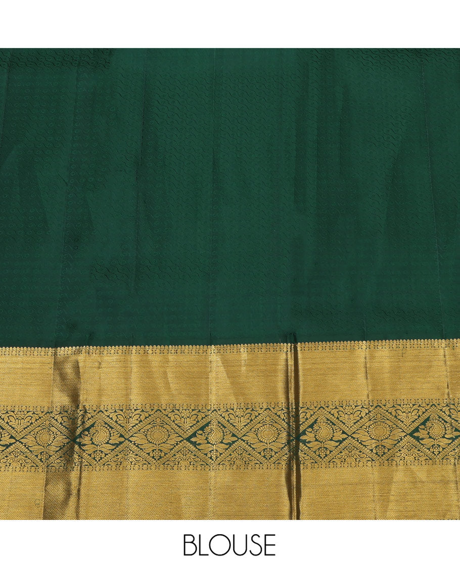 Yellow Pure Silk Half-Saree, Sparsely Woven with Floral Jacquard All Over Its Skirt, Complemented by a Contrast Korvai Border of Thilakam Mokku, Paisa, and Diamond Designs, Paired with a Contrast Blouse, and Comes with a Jaal Design Dhavani