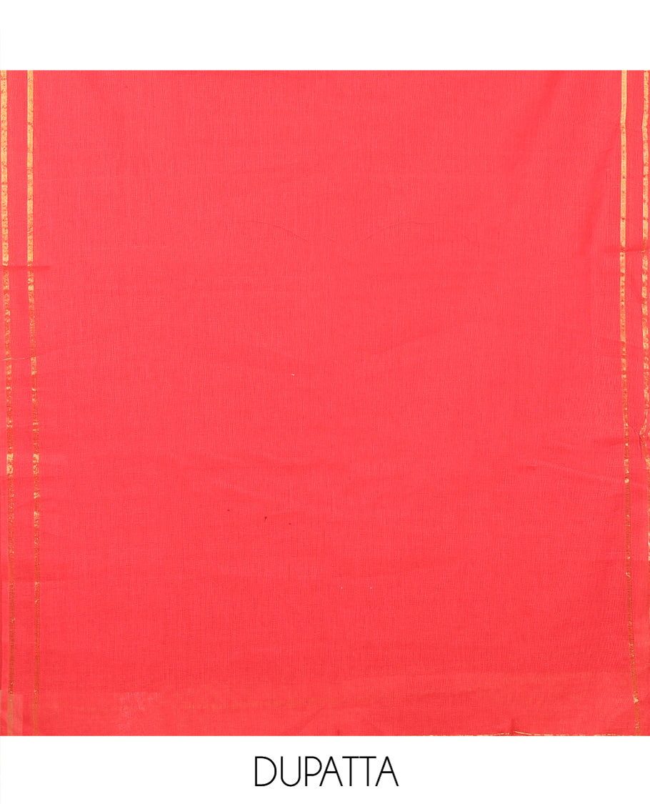 Red Handloom Material Chudidar, Peacock-Chakram Motifs-Threaded Top, a Contrast Plain Bottom, and a Contrast Dupatta
