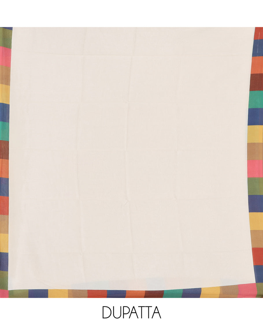 Cream Semi-Silk Material Churidar, Adorned with Multi-Color Checked Top, a Plain Bottom, a Checked Bordered Plain Dupatta