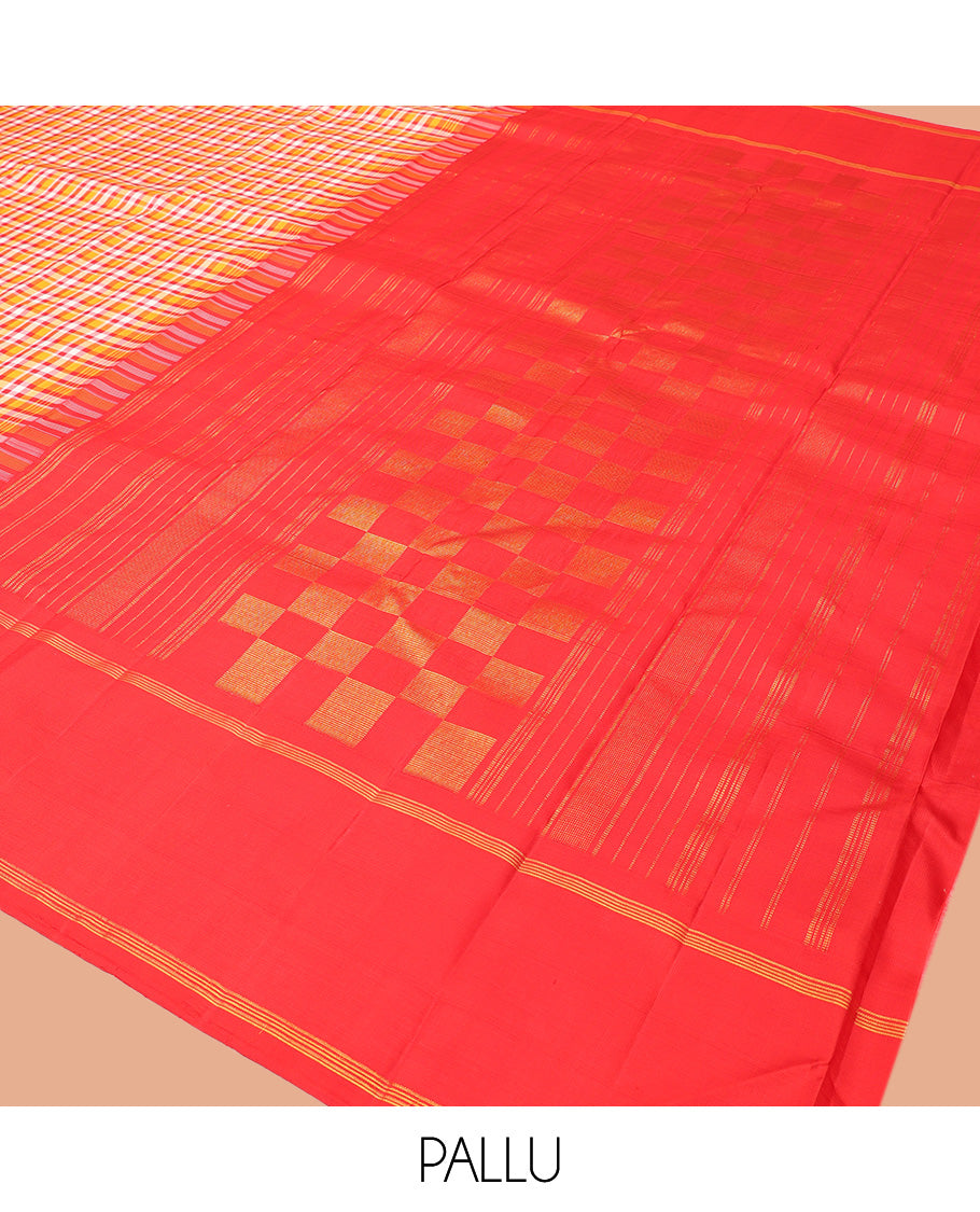 Multi-Color Checked Kanchipuram Silk Saree, Complemented by a Contrast Thazampoo Rekku Bodi Border, Zari Checked Pallu, and Contrast Blouse