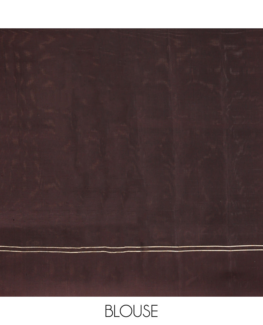 Brown geometric design mayuri soft silk saree with contrast plain border & floral jaal design pallu