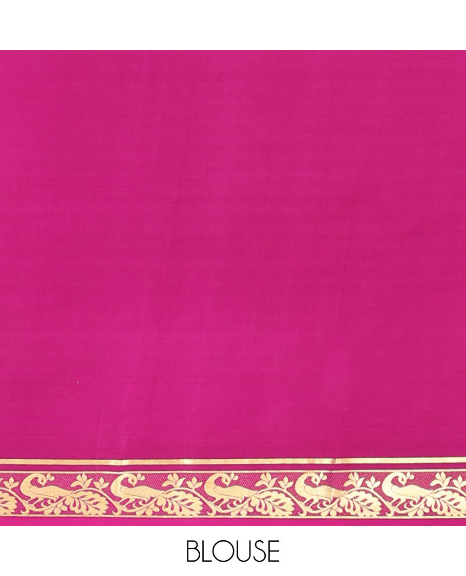 Rani Pink Plain Mysore Silk Saree, Elegantly Framed with Traditional Zari Border of Peacock Designs, Pallu Woven with Zari Stripes, and Paired with a Matching Blouse