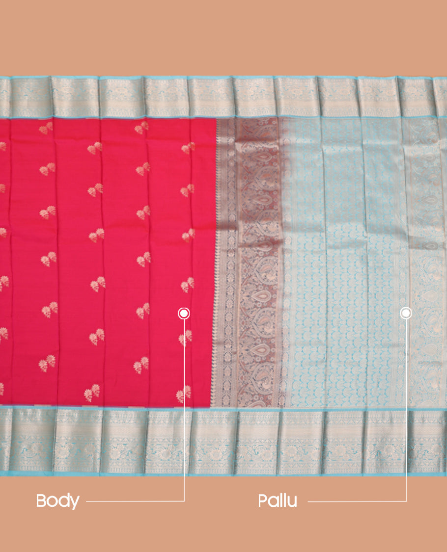 Pink Budget Silk Saree, Beautified with Zari Buttas, Complemented by Contrast Traditional Zari Border, Grand Pallu, and a Contrast Blouse
