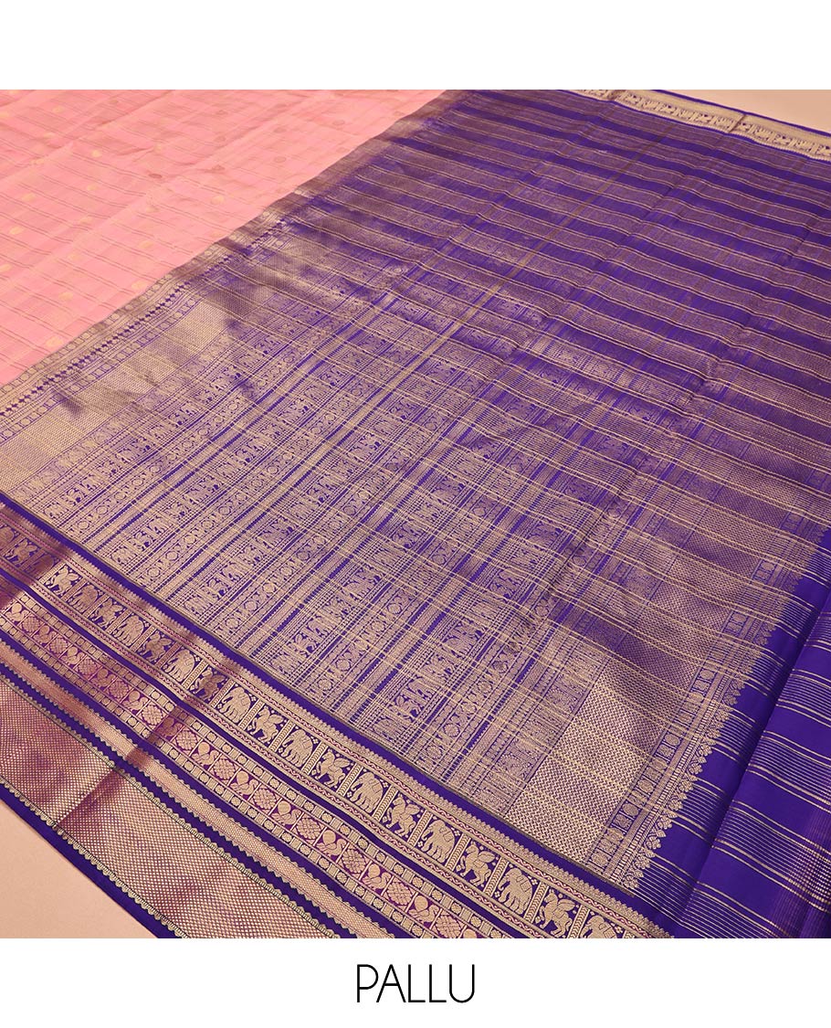 Pink Vasundhara Lite Silk Mix Saree, Sparsely Woven with Zari Butta Enclosed Checks, a Contrast Border of Neli, Kuthirai, Yaanai, Rudraksham, Mayil, and Kuyil Kann Designs, Grand Pallu, and a Contrast Blouse