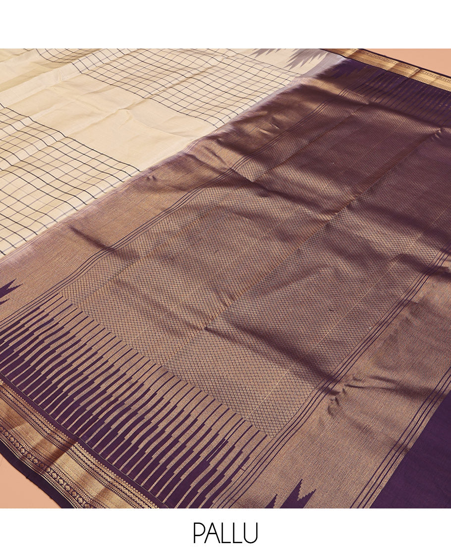 Cream Vasundhara Lite-Silk Mix Saree, Adorned with Checks, Complemented by a Contrast Temple Border of Rekku, Kathir, Neli, and Mayil Kann Designs, Temple Pallu, and a Contrast Blouse