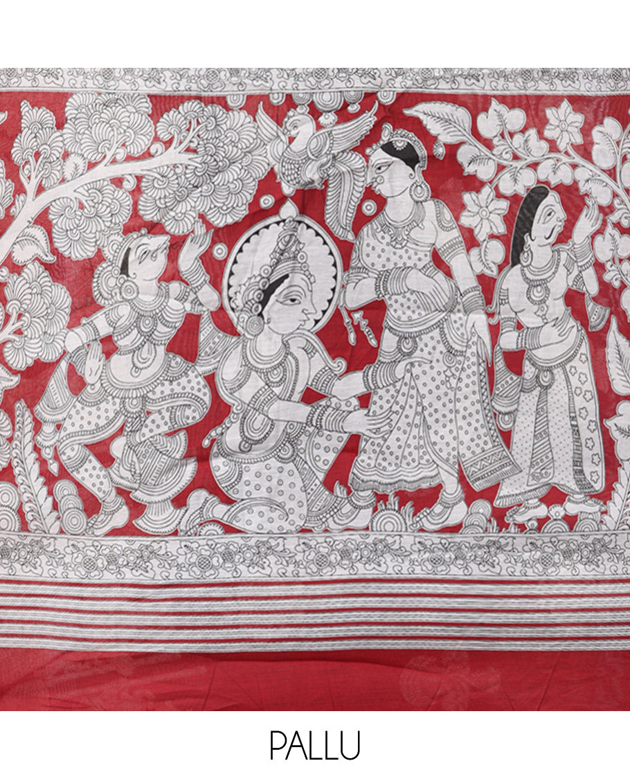 Navy Blue Chanderi Cotton Saree, Accentuated with Kalamkari Print, a Contrast Zari Border, Kalamkari Pallu, a Contrast Blouse