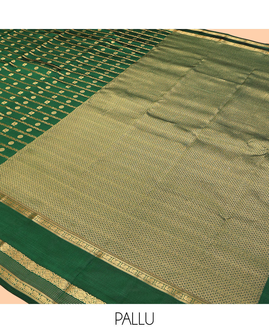Green Vasundhara Lite Silk Mix Saree, Mesmerized with Zari Buttas and Stripes, a Zari Rettai Pettu Border of Rekku, Muthu, Mayil, Kodi Visiry, and Yaanai, Grand Pallu, and a Contrast Blouse