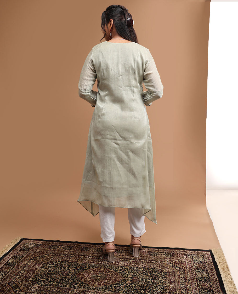 Grey embroidery v neck , 3/4 th sleeve , below knee length kurti