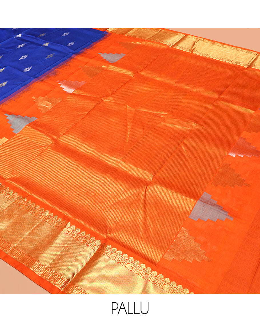 Blue Venkatagiri Silk Saree, Bedecked with Zari Buttas All Over Its Body, Complemented by a Contrast Traditional Zari Design Border, Gleaming Zari Striped Pallu, and Paired with a Contrast Blouse