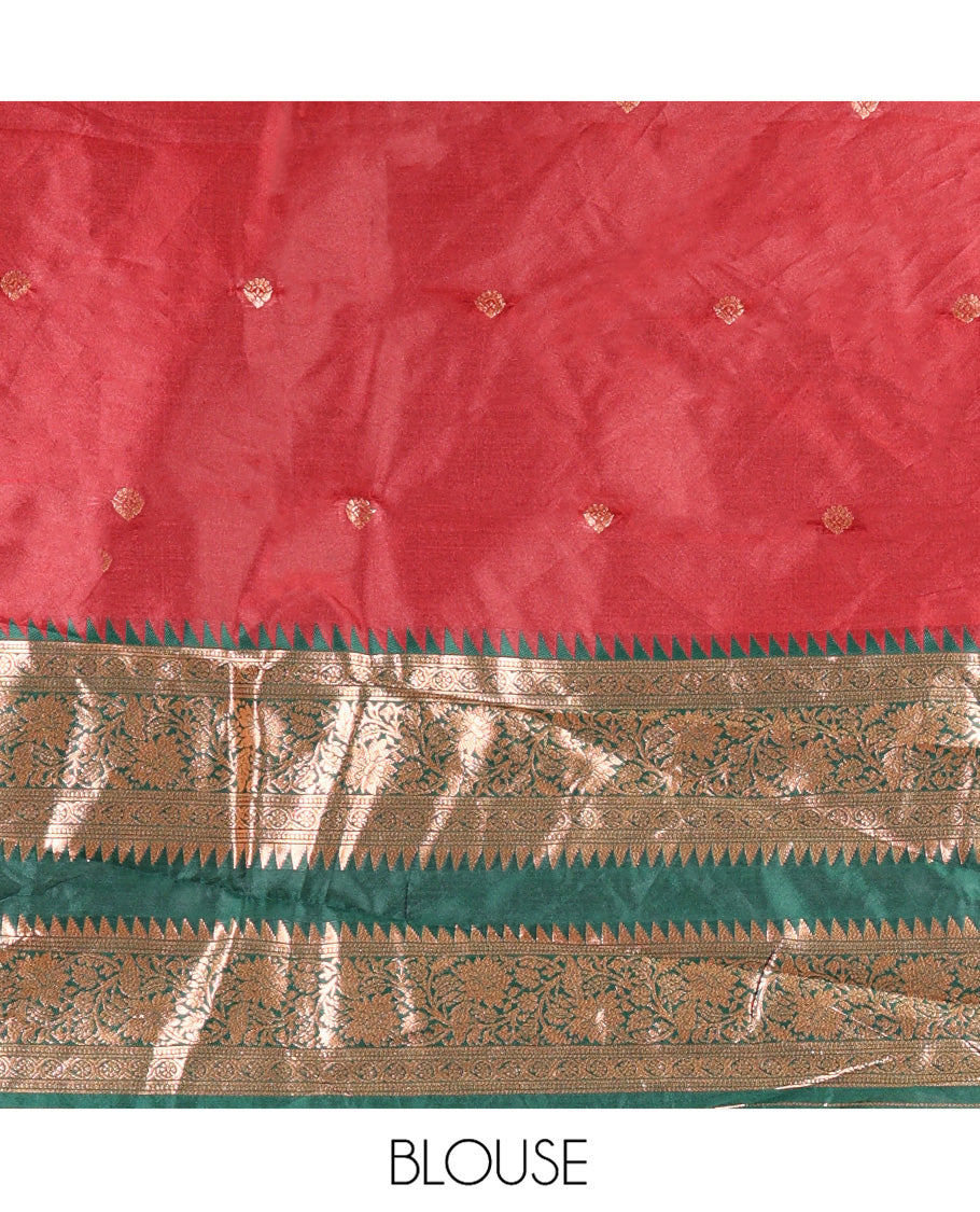 Red-Green Semi-Banarasi Half-Saree Featuring Buttas Skirt, Contrast Traditional Border, Matching Blouse, and Embroidered Satin Georgette Dhavani