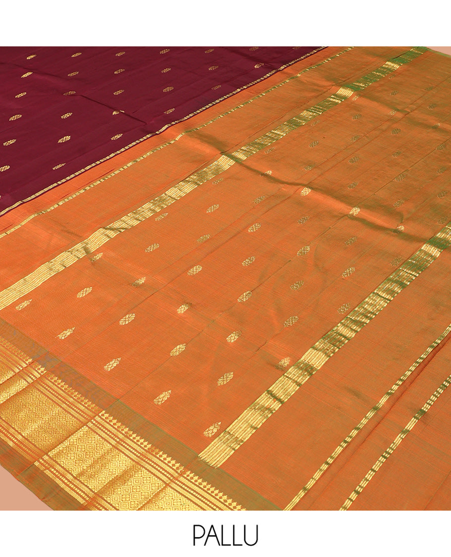 Brown Kanchipuram Silk Saree, Elevated with Zari Buttas, Complemented by a Contrast Border of Panner Sombu, Banaras, Muthu, and Jaal Design, Pallu of Zari Design, and No Blouse