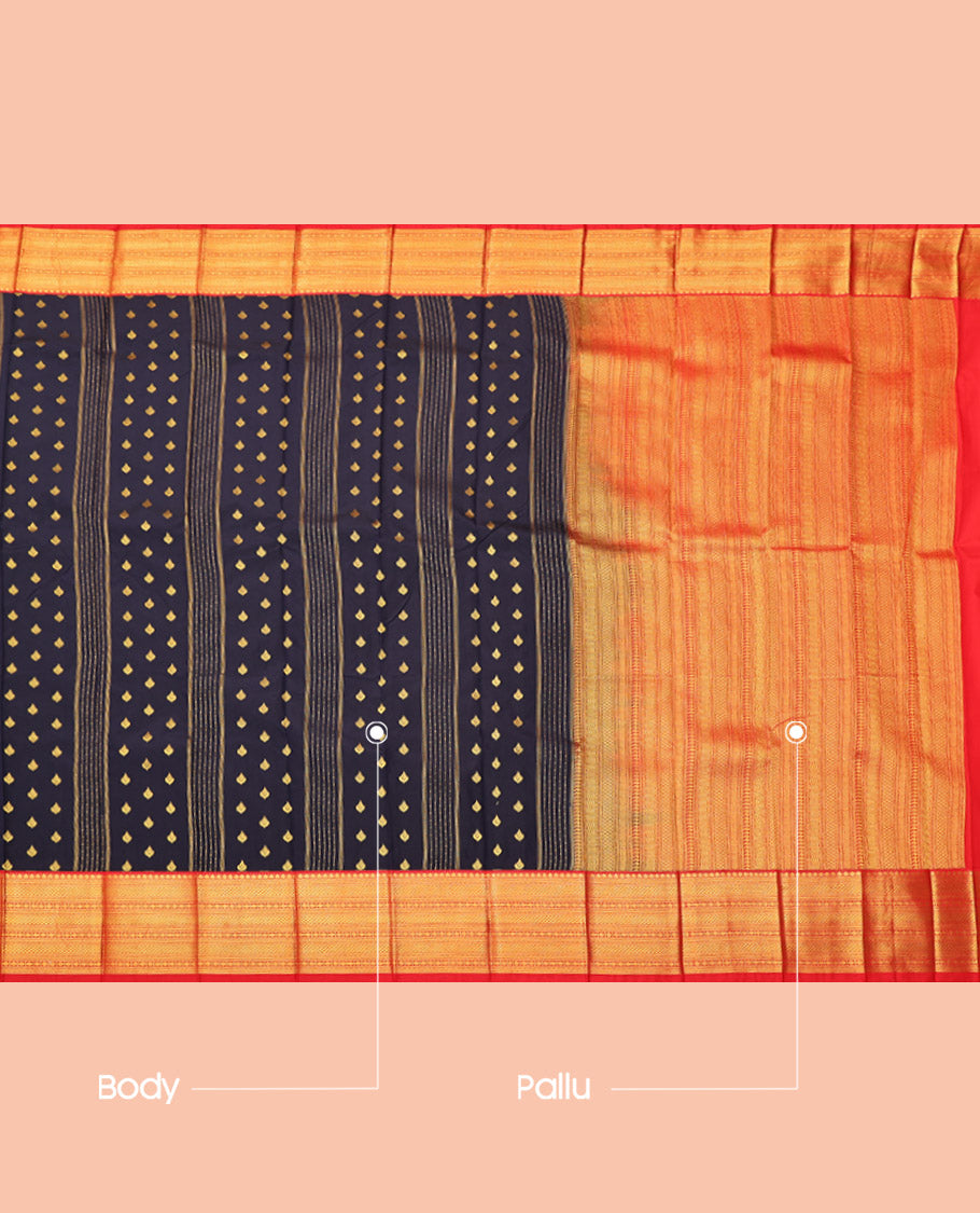 Navy Blue Budget Silk Saree, Woven with Zari Buttas and Stripes, Complemented by a Contrast Traditional Zari Border, Geometric Pallu, and a Contrast Blouse