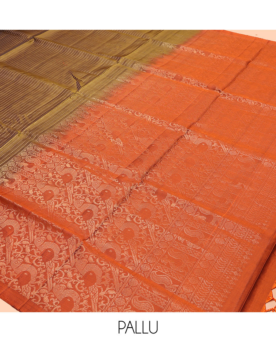 Green Mayuri Lite Silk Mix Saree, Gleamed up with Zari Stripes, a Contrast Zari Striped Border, Pallu Steeped with Parrot Designs, and a Contrast Blouse