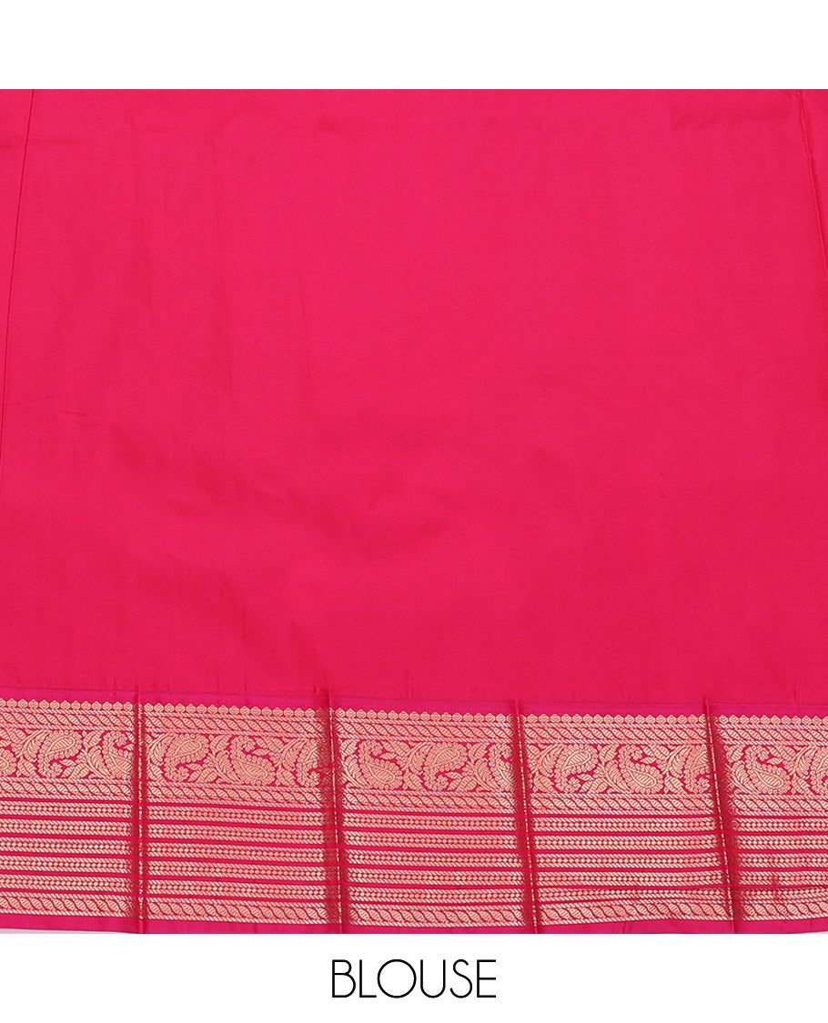 Yellow Budget Silk Saree, Sparsely Sparkled with Zari Buttas, Complemented by a Contrast Traditional Zari Border, Jaal Pallu, and Contrast Blouse