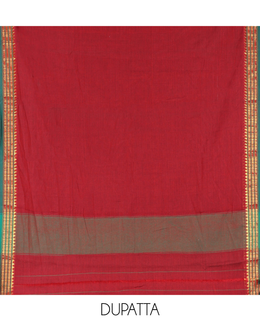 Maroon Mercerised Cotton Material Chudidar Set, Elevated with Rudraksham-Temple Bordered Top, a Mercerised Cotton Bottom, and Paired with a Matching Mercerised Cotton Rudraksham-Temple Bordered Dupatta