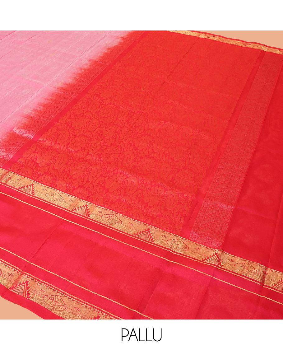 Pink Uppada Silk Saree Detailed with Zari Buttas All Over Its Body, Complemented by a Contrast Border of Traditional Zari Designs, Sparsely Sparkled Pallu of Floral-Paisley Designs, and Paired with a Contrast Blouse