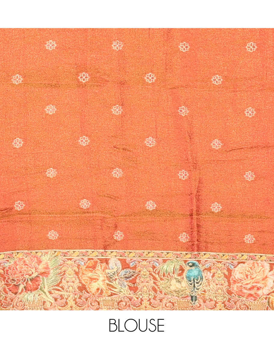 Off-White Tropical Floral Russian Dola Tissue Saree, Contrast Floral-Bird Border, and a Contrast Blouse