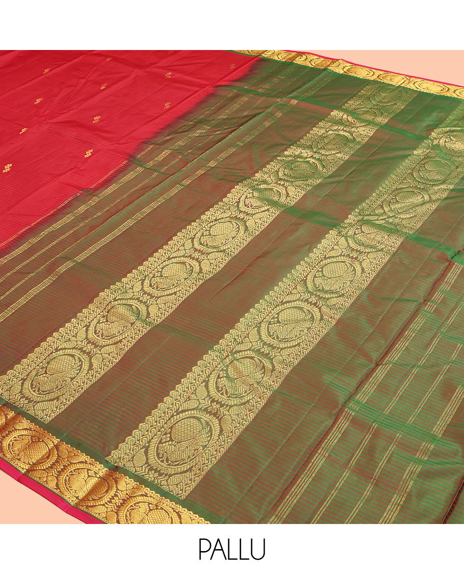 Red Kanchipuram Silk Saree, Elevated with Vazhaipoo Stipes and Zari Buttas, a Contrast Traditional Mayil Motif Border, Pallu of Zari Design, and Contrast Blouse