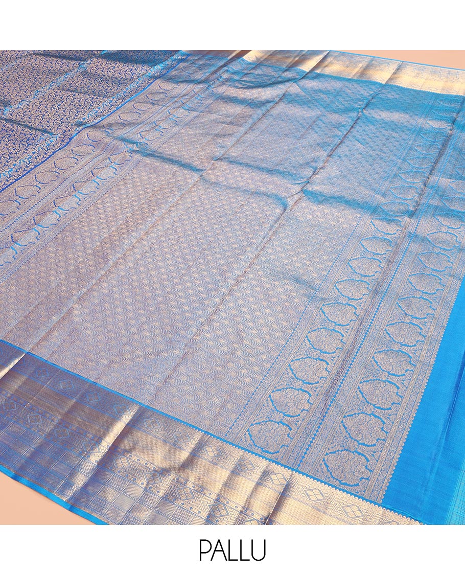 Blue Kanchipuram Wedding Silk Saree, Detailed with Jacquard Design, a Zari Border of Traditional Designs, Grand Pallu, and a Matching Blouse