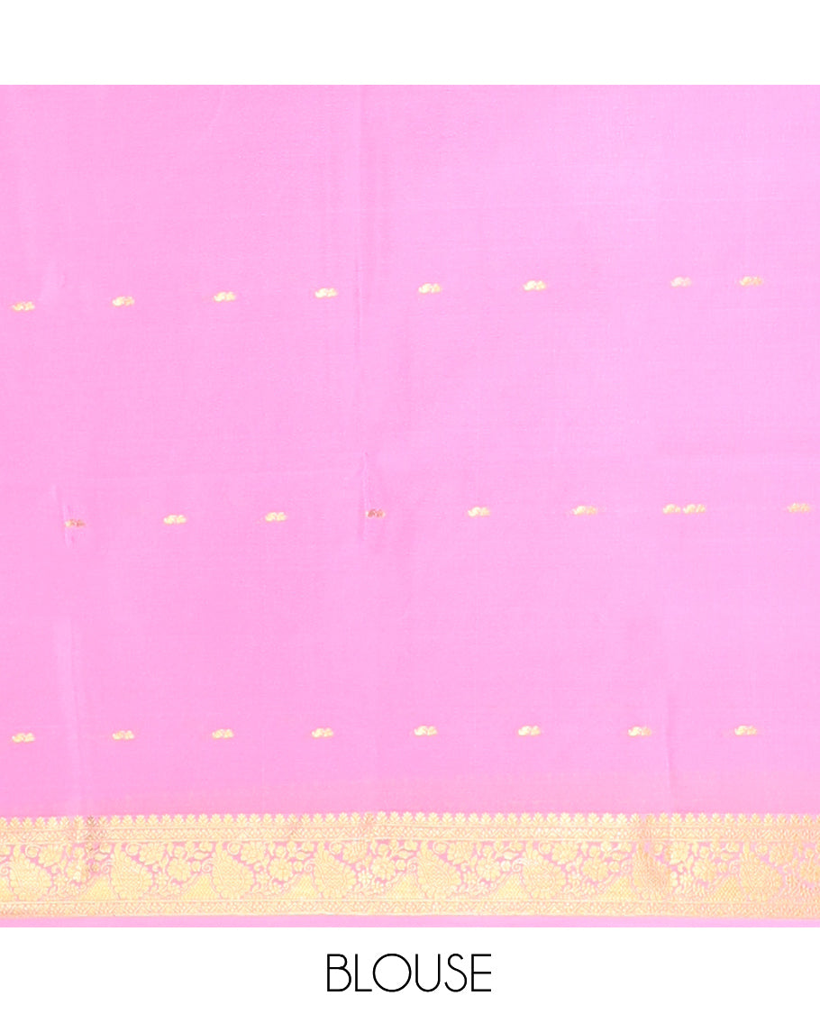Red Zari Buttas Mysore Silk Saree, Complemented by a Contrast Traditional Zari Border, Zari Design Pallu, and a Contrast Blouse