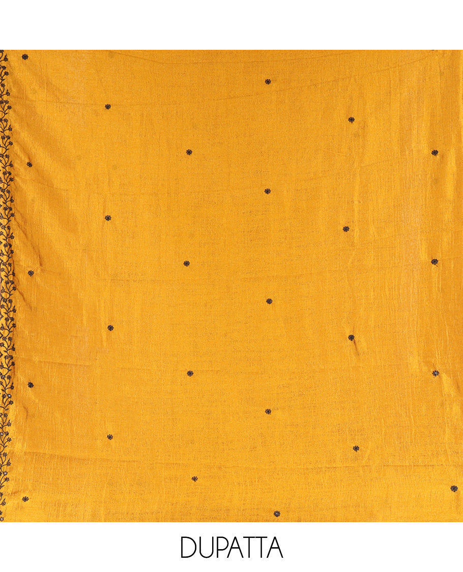 Mustard Vichitra Silk Material Chudidar Set, Finely Crafted with Thread Embroidery Top, Matching Bottom, and Thread Work Dupatta