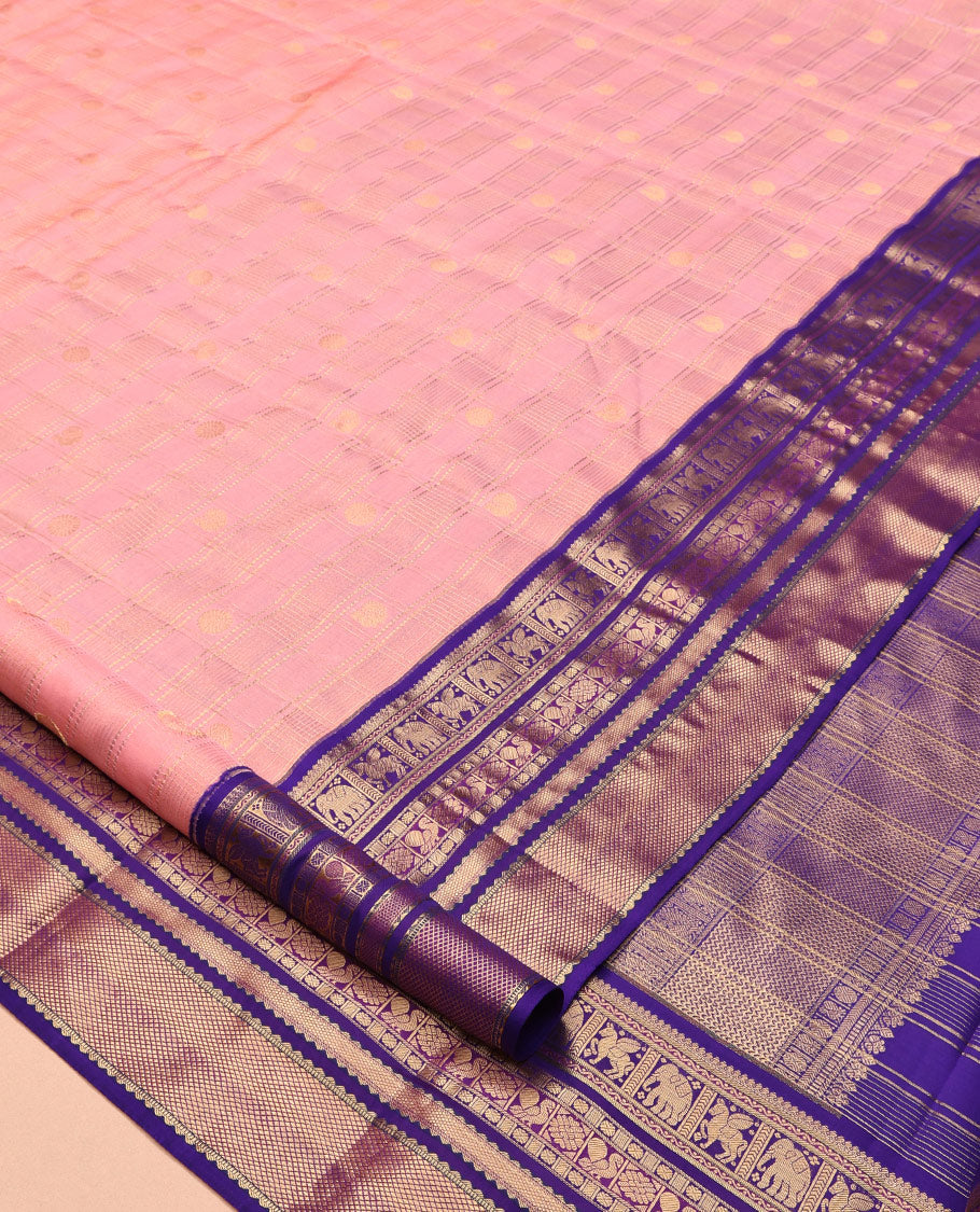 Pink Vasundhara Lite Silk Mix Saree, Sparsely Woven with Zari Butta Enclosed Checks, a Contrast Border of Neli, Kuthirai, Yaanai, Rudraksham, Mayil, and Kuyil Kann Designs, Grand Pallu, and a Contrast Blouse