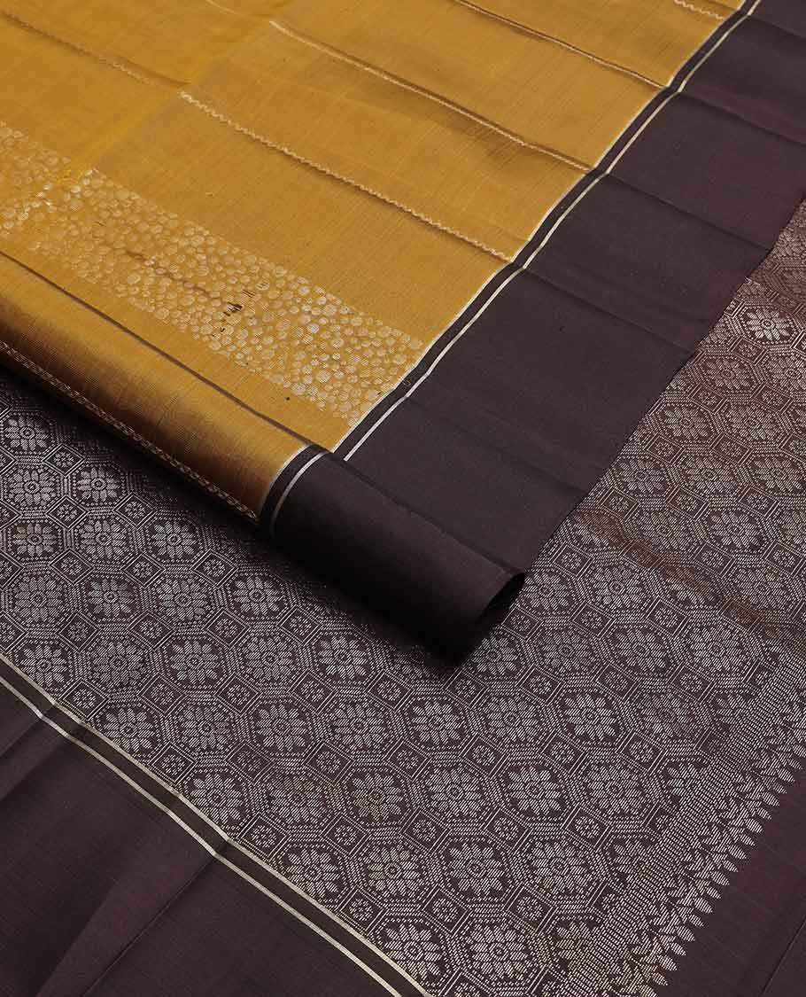 Brown geometric design mayuri soft silk saree with contrast plain border & floral jaal design pallu