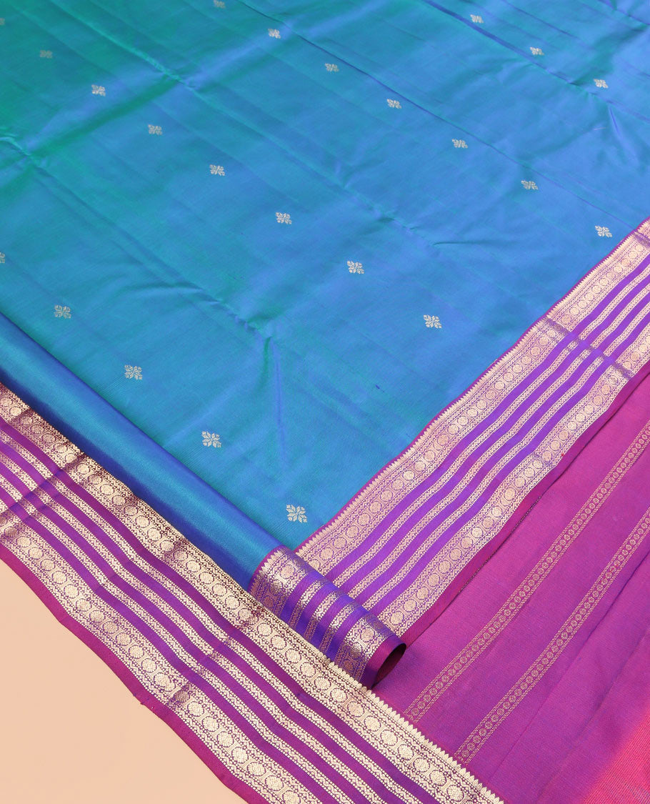 Blue Vasundhara Silk Saree, Enthralled with Zari Buttas, Complemented by a Contrast Border of Rekku, Muthu, Neli, and Chakram Designs, Grand Pallu, and a Contrast Blouse
