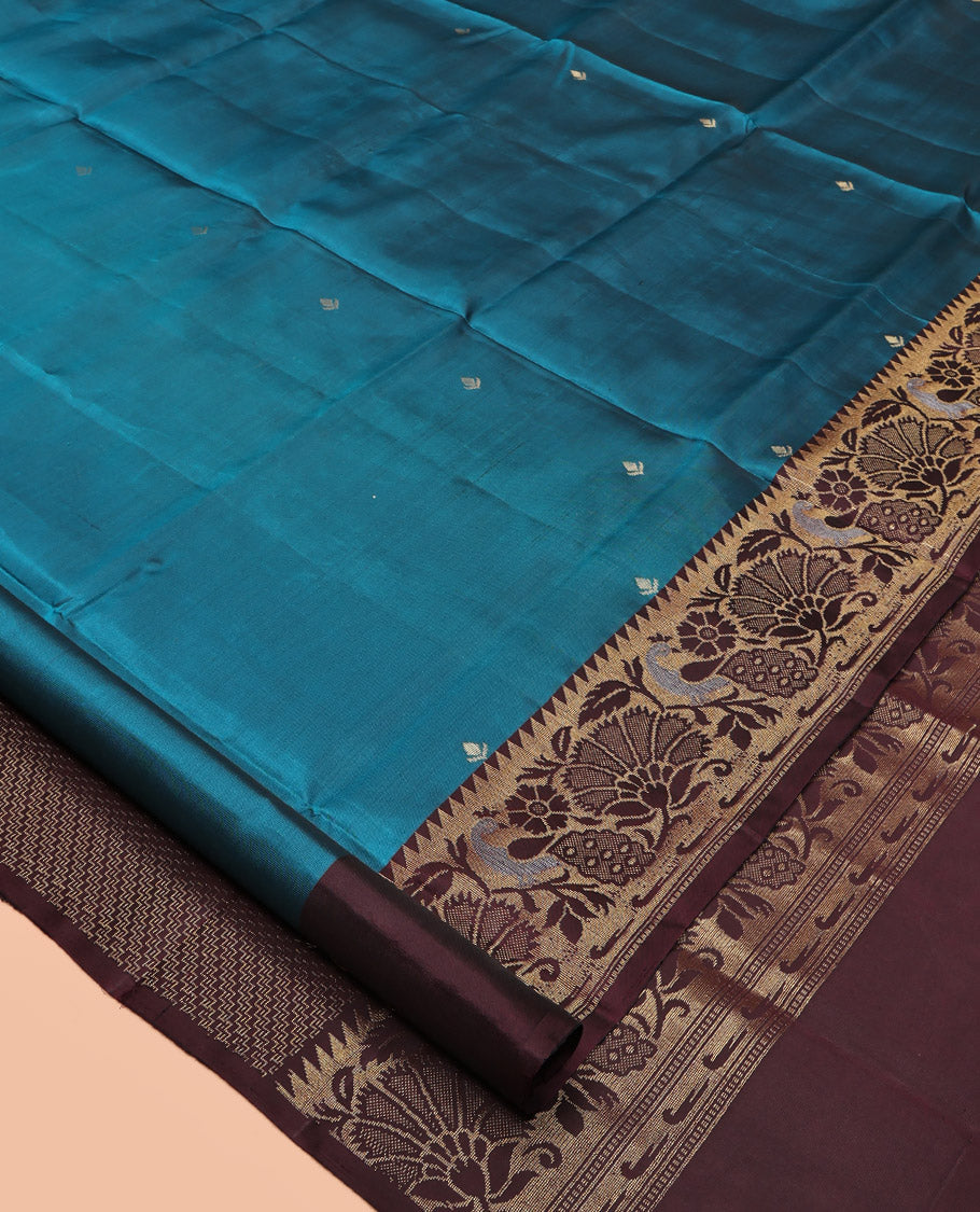 Blue Mayuri Lite Silk Mix Saree, Detailed with Buttas, Contrast Paithani-Style Peacock-Floral Border, Grand Pallu, and Contrast Blouse