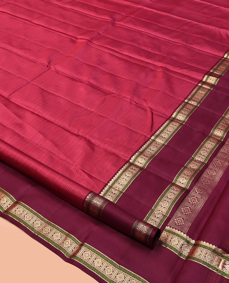 Red Striped Kanchipuram Silk Saree, Complemented by Contrast Rettai Pettu Border, Pallu of Intricate Designs, and a Contrast Blouse