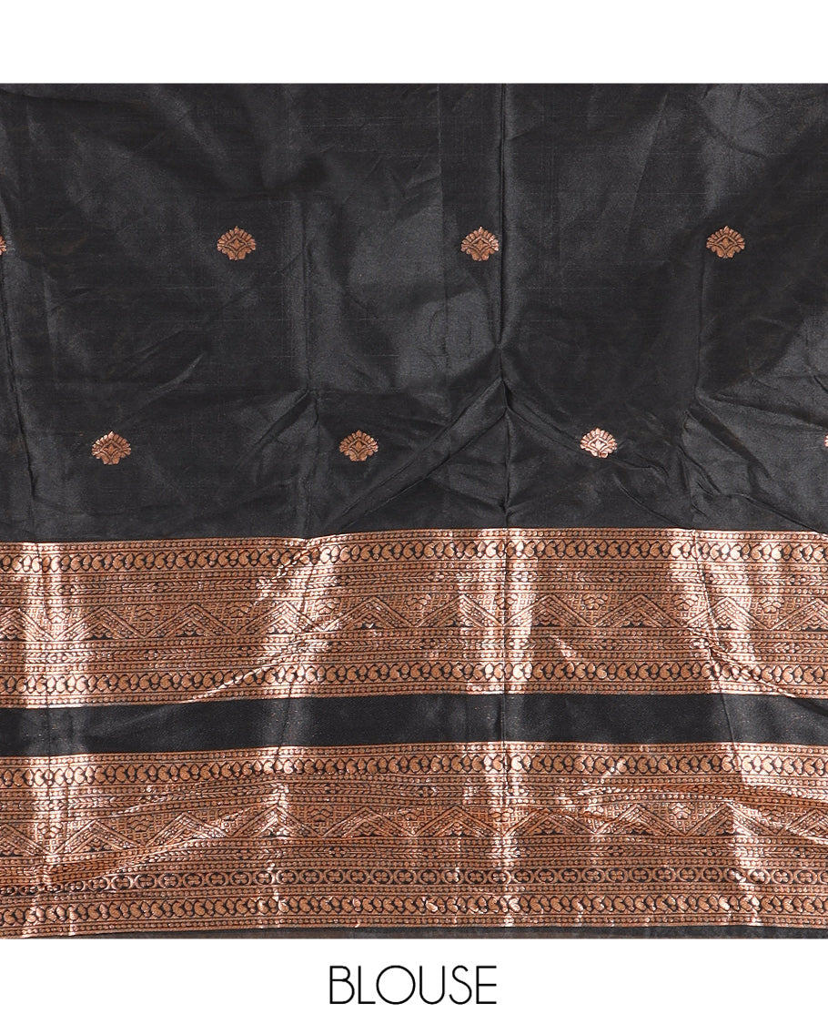 Black Semi-Silk Half-Saree, Entralled with Zari Buttas Woven Skirt, a Rettai Pettu Traditional Border, a Matching Blouse, and Dhavani