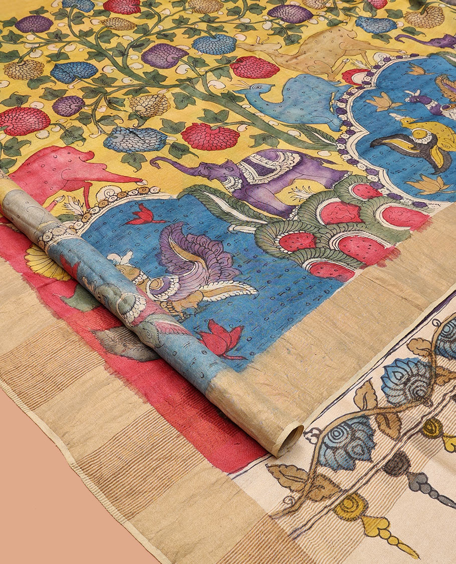 Yellow Tussar Kalamkari Saree