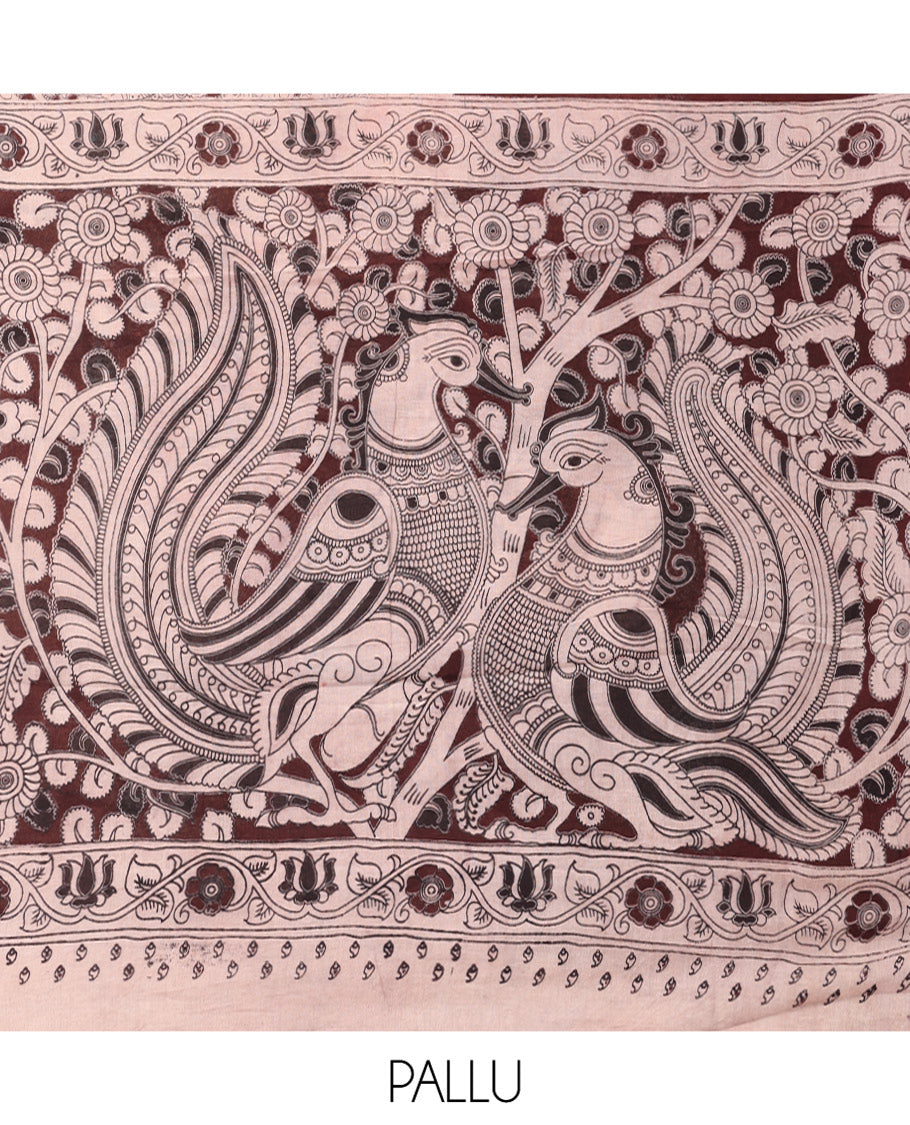 Brown Kalamkari Cotton Saree, Accentuated with Ancient Human Motif Print, Complemented By Printed Border, Kalamkari Peacock Motifs Pallu, and a Contrast Blouse