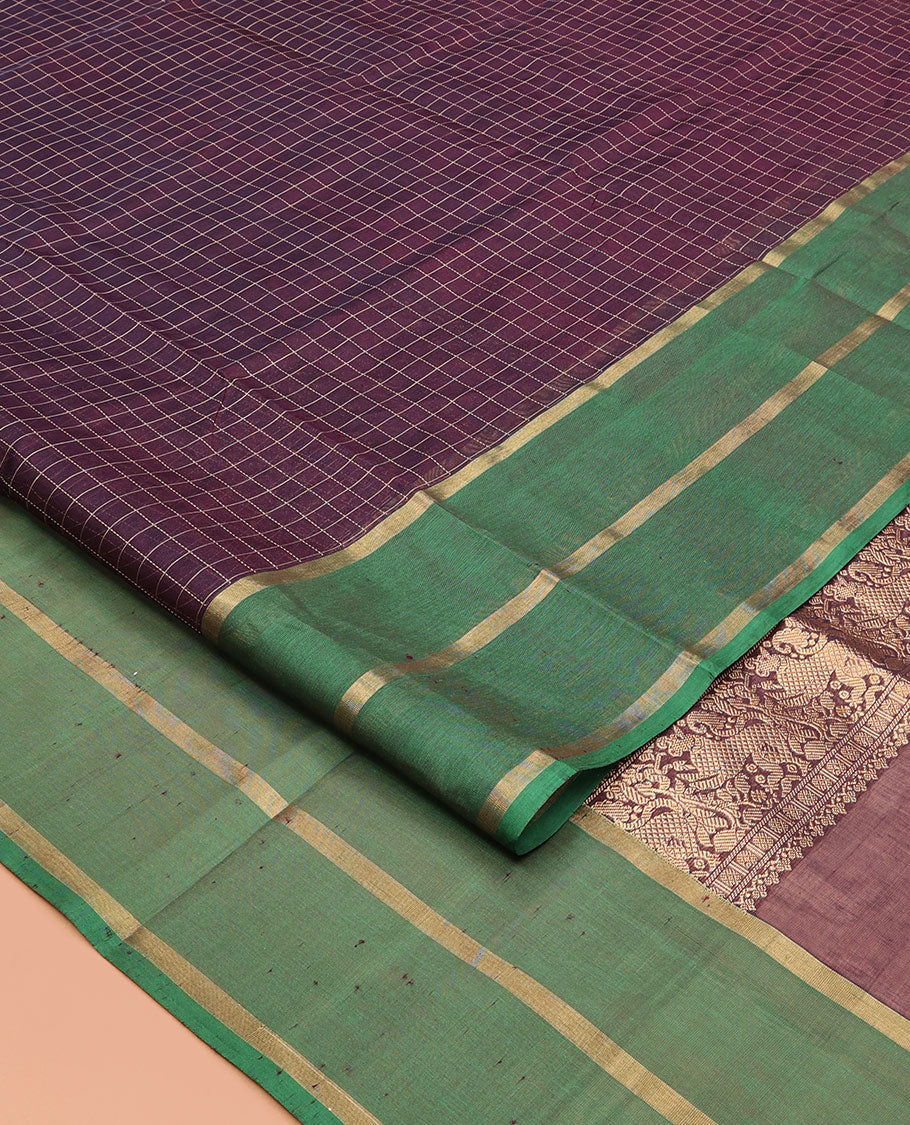 Purple Checked Kuppadam Silk Saree, a Contrast Traditional Zari Border, Grand Pallu, a Matching Blouse