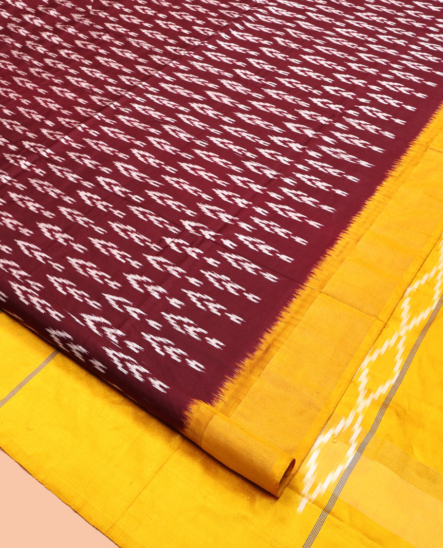 Maroon Pochampally Ikat Silk Saree, Delicately Woven with Buttas, Complemented by a Contrast Border, Ikat-Style Jaal Pallu, and Contrast Blouse