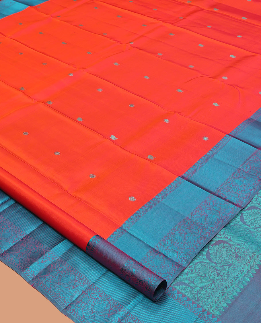 Orange Kanchipuram Silk Saree, Woven with Mayil-Chakram Buttas, Complemented by a Contrast Mayil Motif Woven Border, Jaal Pallu, and a Contrast Blouse