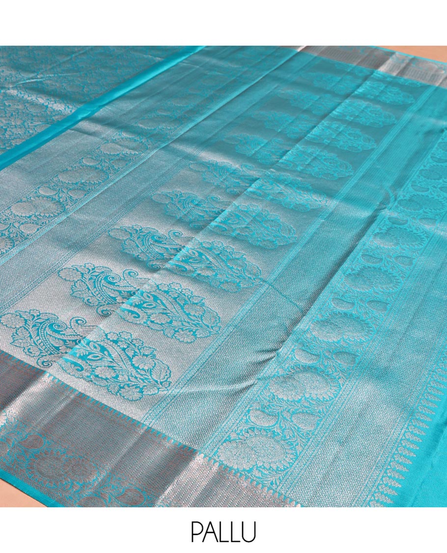 Blue Kanchipuram Wedding Silk Saree, Finely Crafted with Jacquard Design on Its Body, Highlighted by Zari Border of Thilakam, Vanki, and Kodi Visiry Designs, Grand Pallu, and Paired with a Matching Blouse