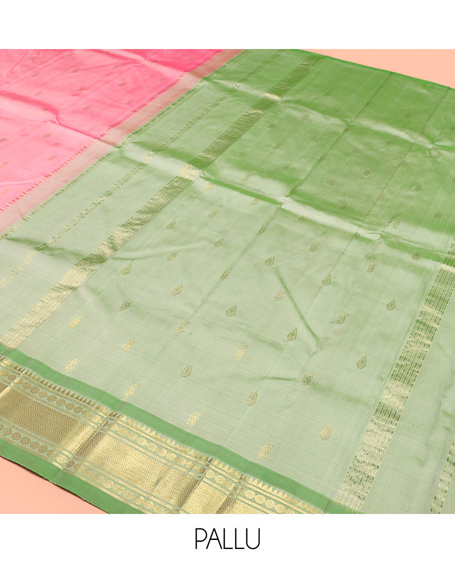 Pink Kanchipuram Silk Saree Featuring Zari Buttas, Contrast Border of Rekku, Banaras, Poun and Vanki, Pallu of Zari Design, and No Blouse