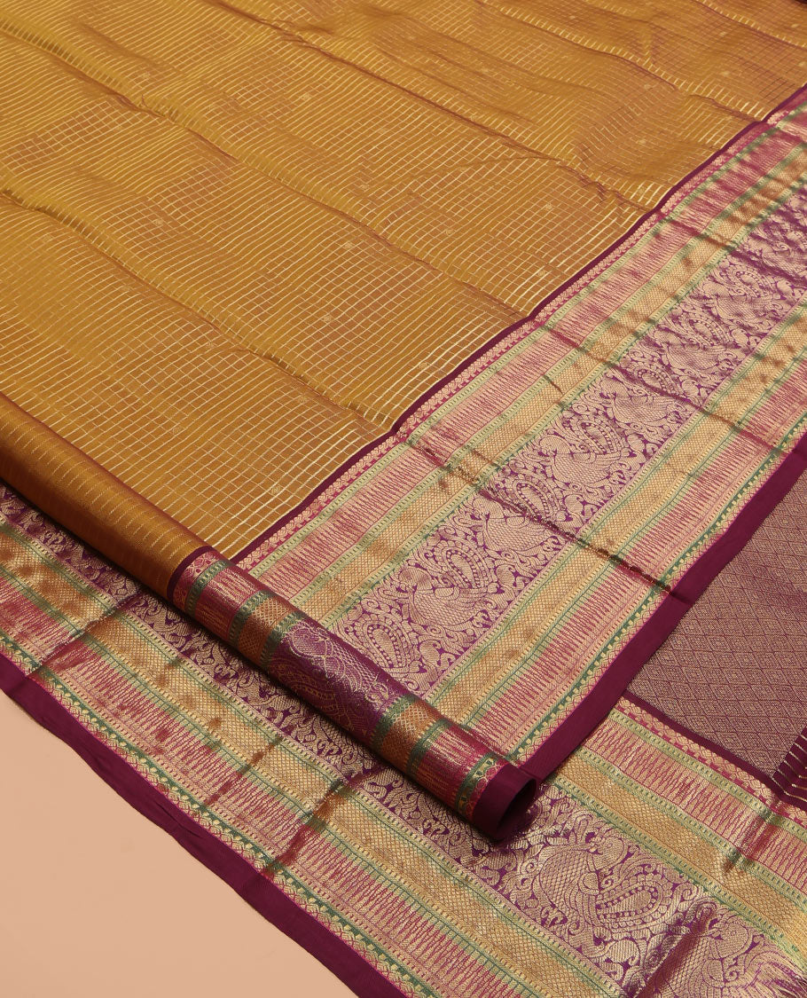 Mustard Zari Design Vasundhara Lite Silk Mix Saree, a Contrast Border of Rekku, Muthu, Kuyil Kann, and Mayil Designs, Grand Pallu, and a Contrast Blouse