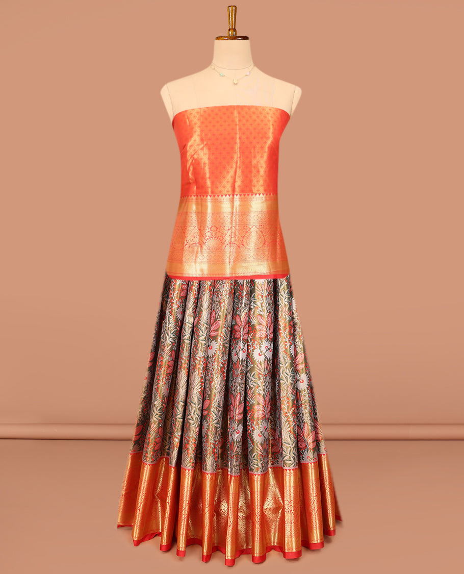Green Art Silk Material Half-Saree Set, Features Floral Jacquard Design Skirt, Complemented by Captivating Contrast Traditional Zari Designs Woven Border, Paired with a Contrast Blouse and a Intricate Dhavani