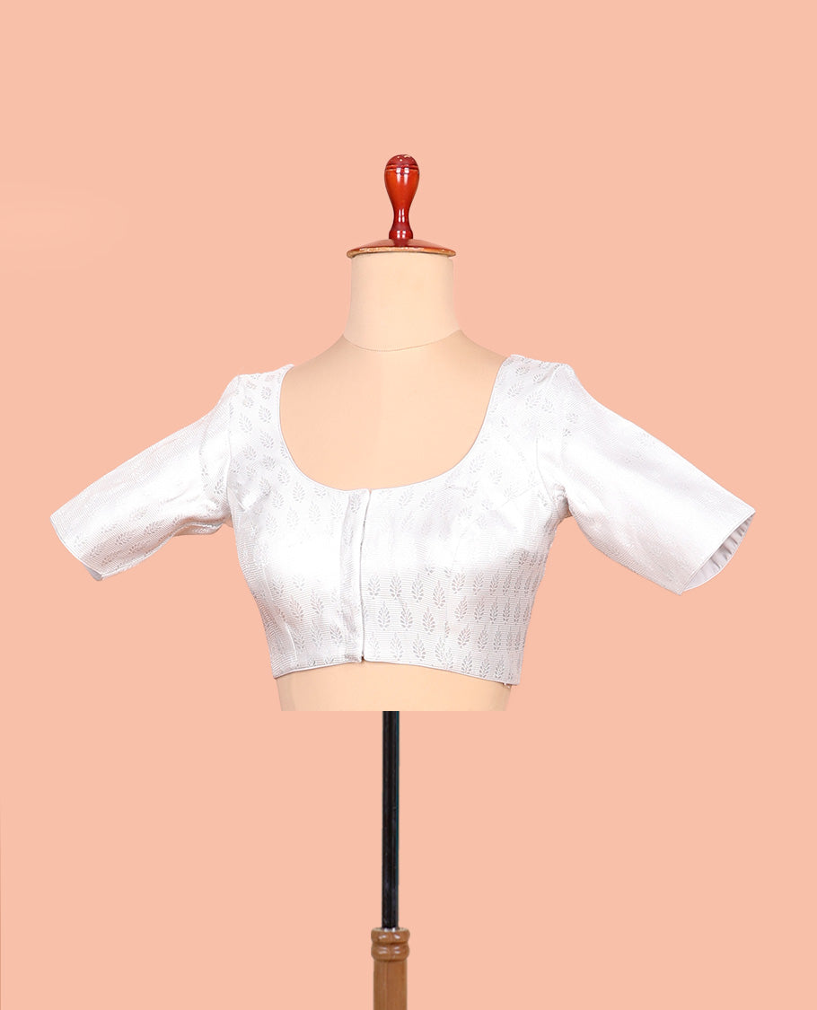 White striped and buttas front-back round neck elbow-sleeve readymade blouse