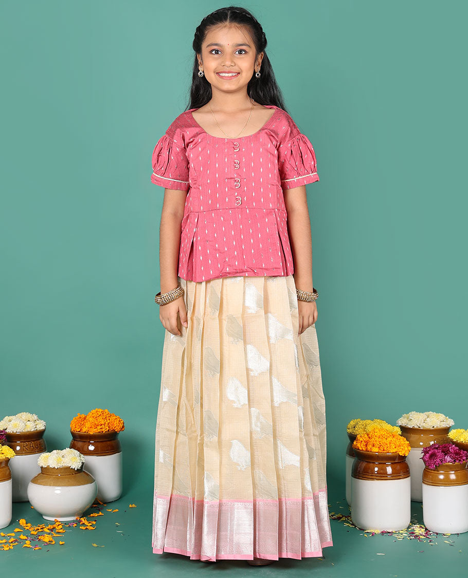 Sandal readymade art silk pavadai, sparrow buttas & contrast traditional border skirt, & contrast buttas round neck puff-sleeve blouse