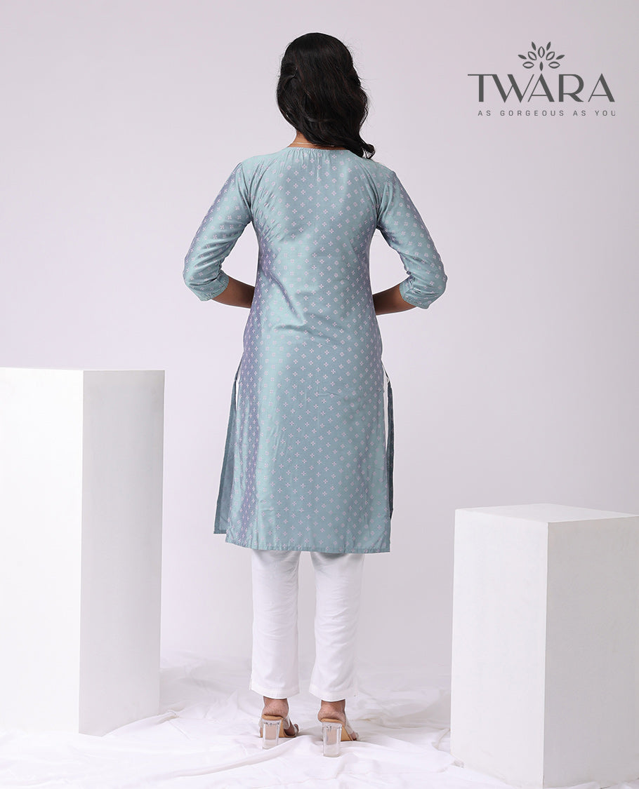 Twara Blue floral motifs boat neck , knee length , 3/4 sleeve kurti