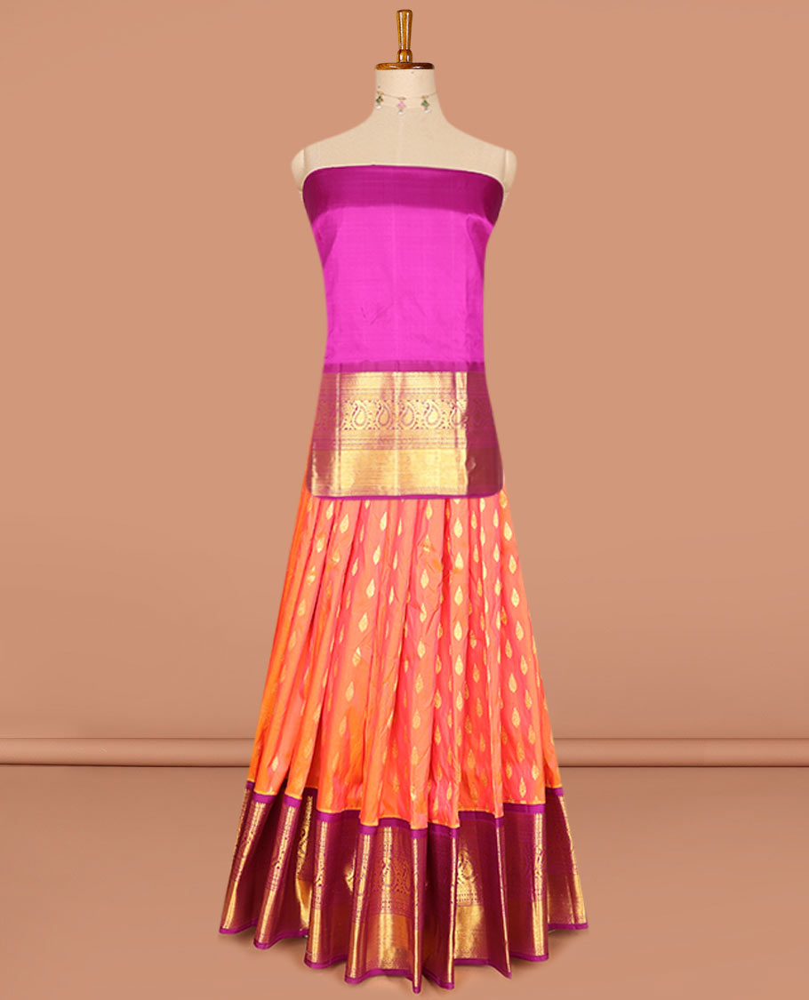 Orange pure-silk half saree, zari buttas skirt, contrast border & blouse of thilakam,muthu,star vanki,ara bogudi & manga & intricate dhavani