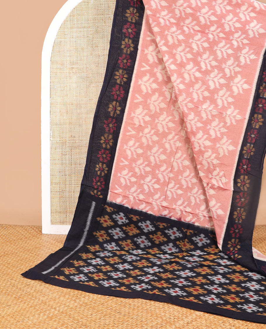 Peach floral ikkat cotton saree with contrast floral design border & floral design pallu