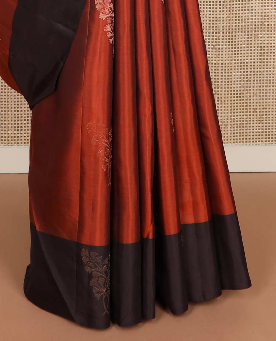 Orange floral zari buttas silk mix saree, contrast floral zari buttas border & pallu of jaal designs